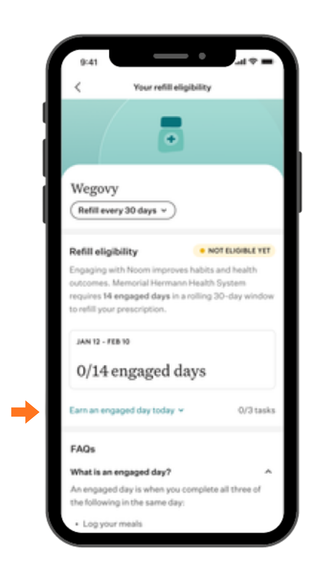 Image of Noom app with arrow pointing at "Earn an engaged day today" section