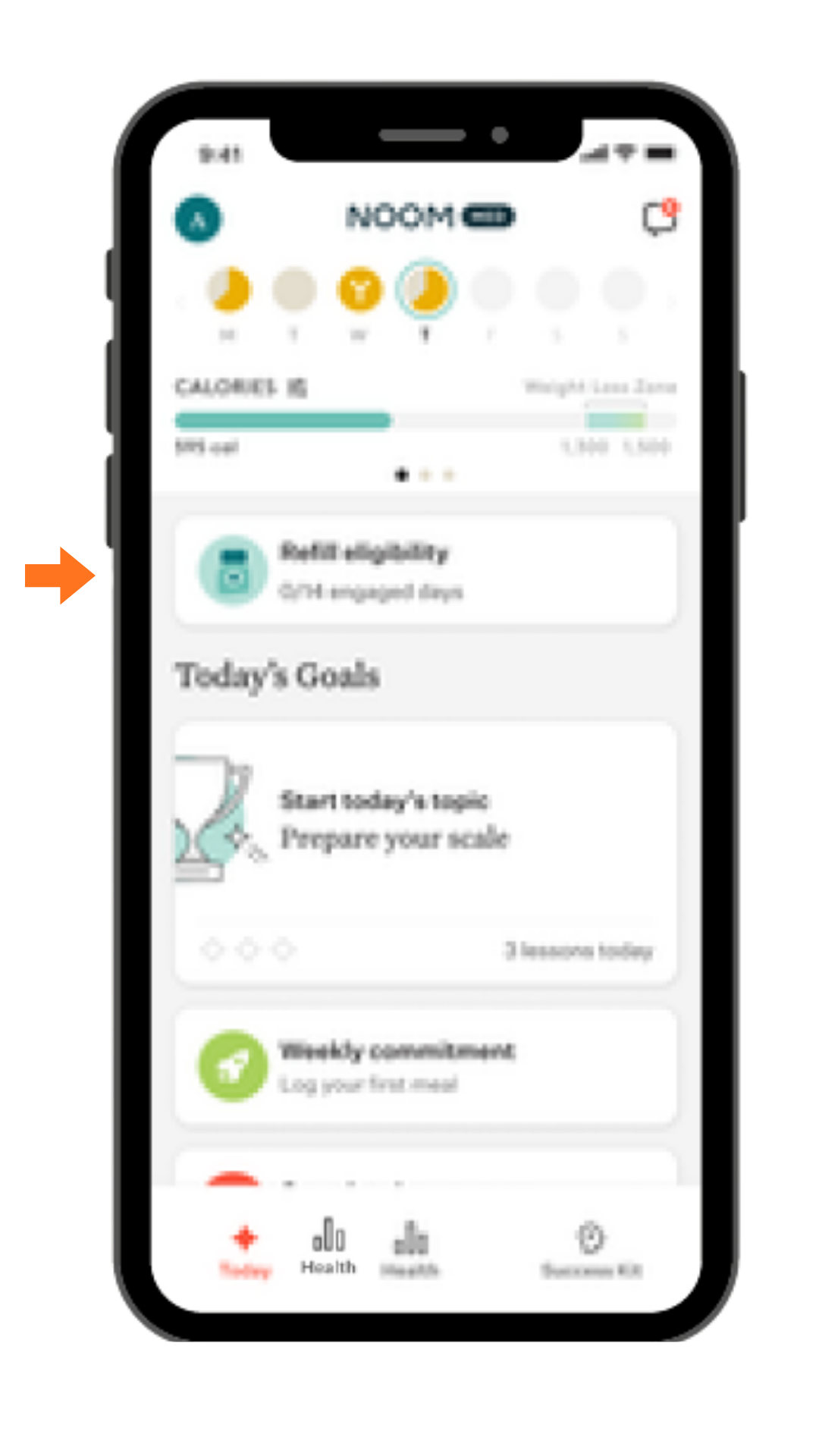 Image of Noom app with arrow pointing at "Refill eligibility" section